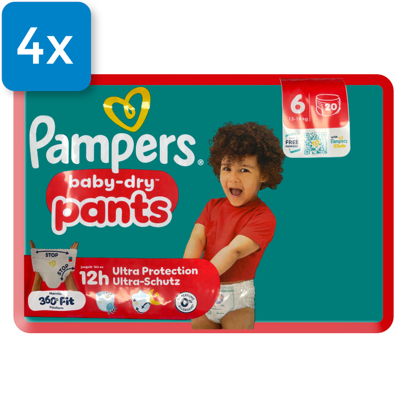Vorderseite einer Packung Pampers Baby Dry Pants Größe 6. Oben links ist ein blaues Viereck mit der Aufschrift "4x", welches aussagt, dass vier Packungen in einem Karton enthalten sind.